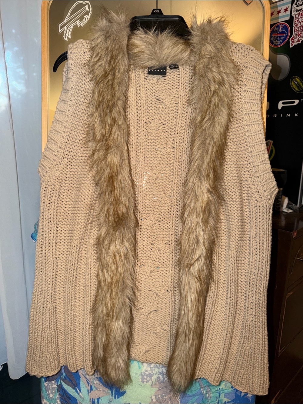 Tribal Beige Knit Vest with Faux Fur Trim